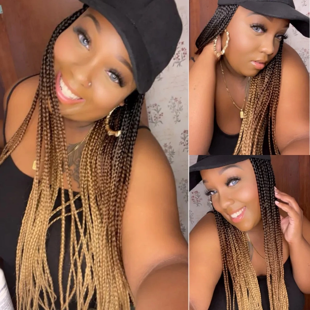 

Long 24Inch Ombre Black Brown Honey Blonde Braiding Hair Baseball Cap Hat Wig With Braided Box Braids Hair Extensions For Women