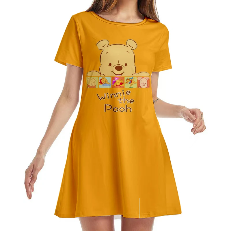 

Disney Winnie the Pooh and Mickey Minnie Anime Casual Boho Beach Women Crew Neck Party Summer Short Sleeve Loose Mini Dress