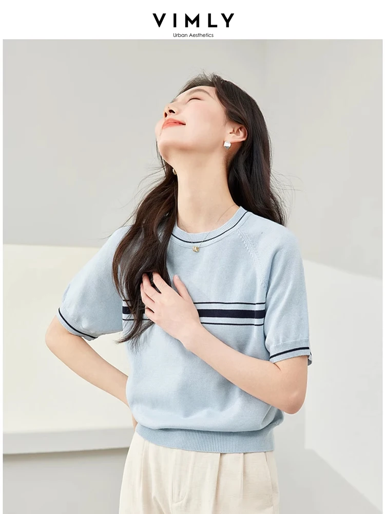 

Vimly Contrast Striped Short Sleeve T-shirts Woman 2024 Summer High Strecth Simple Soft Knitted Pullovers Female Knitwear 72898