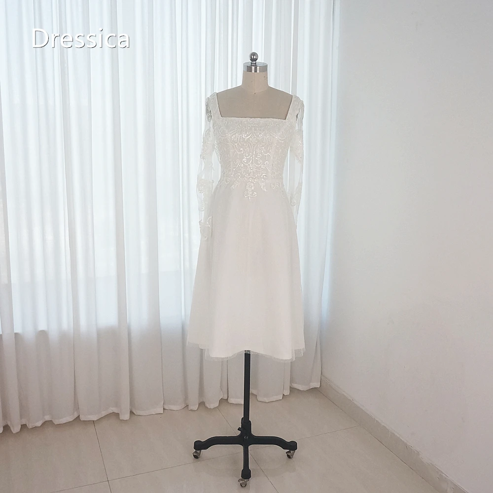 Square Neckline Short Knee Length Wedding Dress Long Sleeve Dot Tulle Bridal Gown New Style
Square Neckline Short Knee Length Wedding Dress Long Sleeve Dot Tulle Bridal Gown New Style