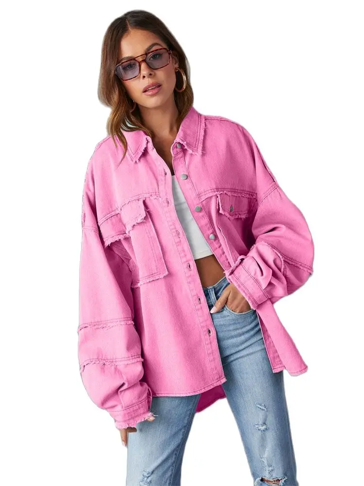 

Женская джинсовая куртка оверсайз, свободная повседневная куртка из денима с неровными краями, уличная одежда с эффектом потертости для весны и осени, 2023