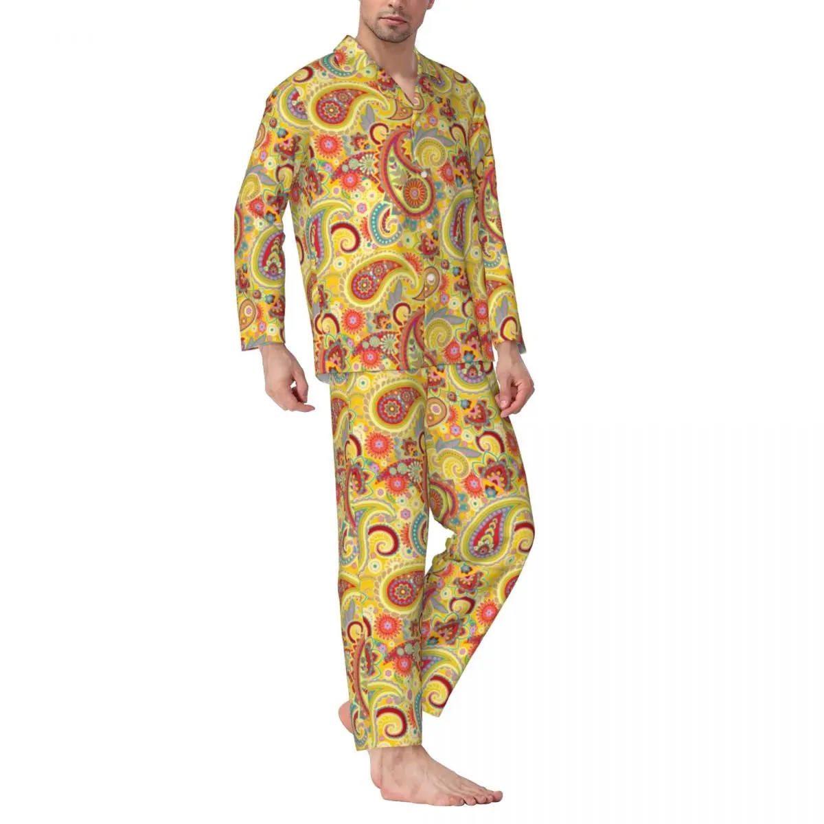 

Yellow Retro Paisley Pajama Set Trippy Hippy Print Lovely Sleepwear Men Long Sleeve Aesthetic Room Two Piece Home Suit Plus Size