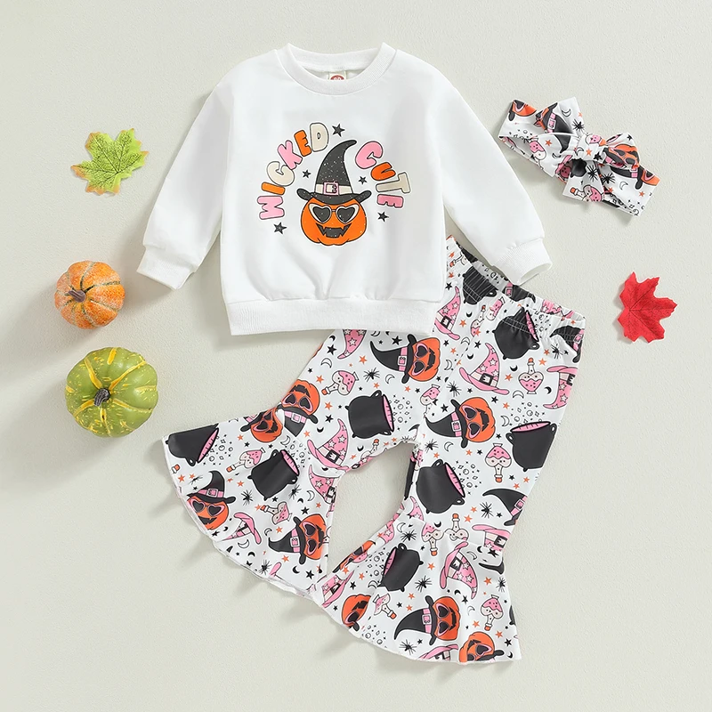 

2023-06-24 Lioraitiin 0-4Years Kid Girls 3Pcs Halloween Outfit Set Letters Print Sweatshirt Pumpkin Print Flare Pants Headband