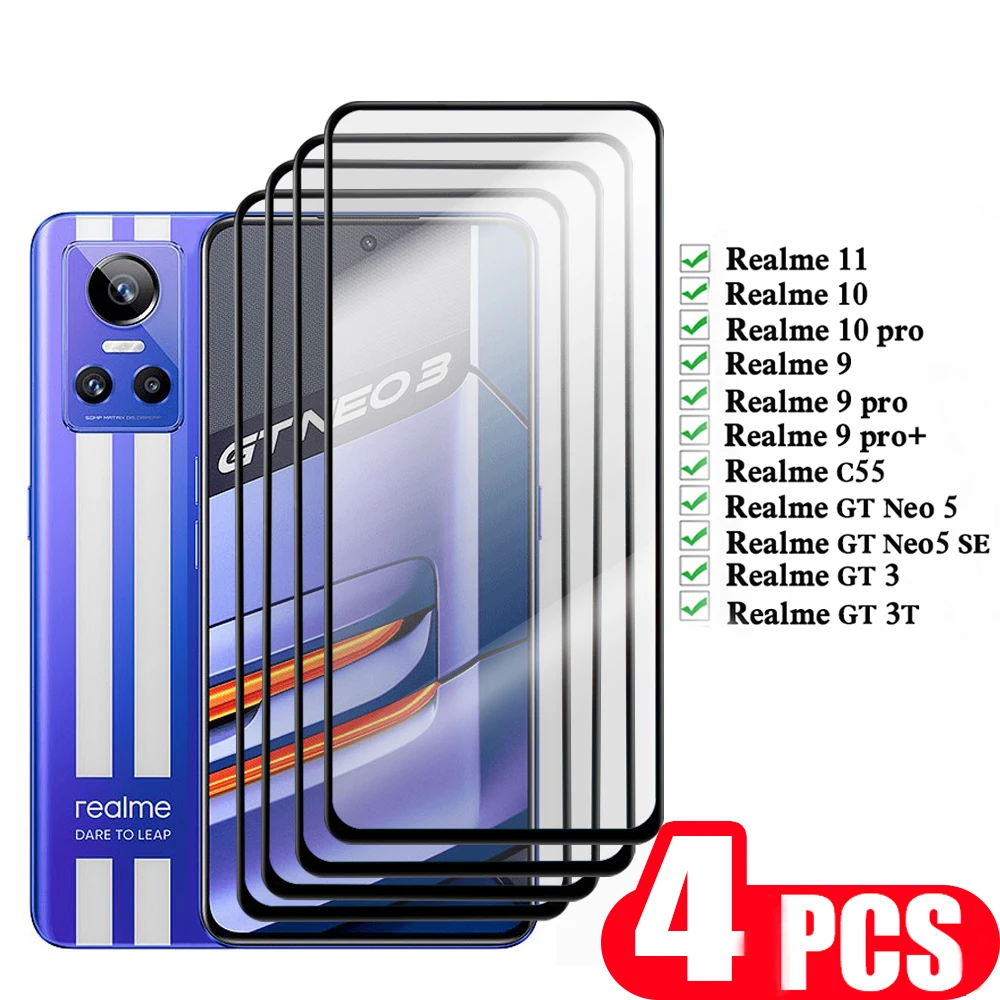 

4Pcs full cover protective film For Realme GT Neo 5 SE 3 3T 2 C55 Tempered glass 9D For Realme 11 10 9 pro plus screen protector