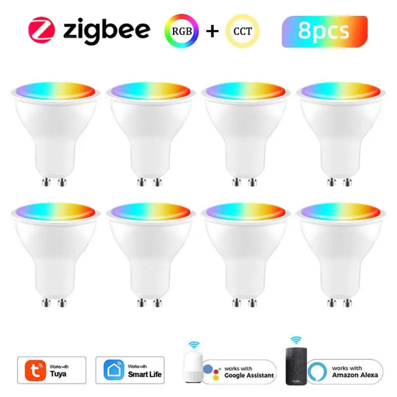 

Умная Светодиодная лампа Tuya Zigbee, GU10, RGB + CCT, 100-240 В, 5 Вт, с регулируемой яркостью, с голосовым управлением, работает с Alexa Google Home Alice