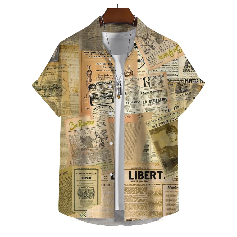 

Simple Newspaper Men Hawaiian Shirts Summer 3D Printed Vacation Beach Shirts Casual Vintage Women Lapel Blouse Plain Shirt