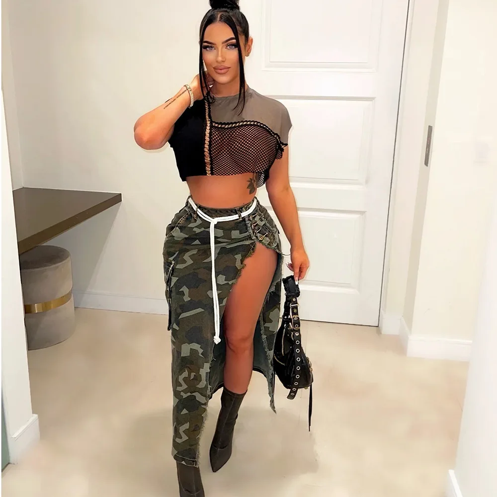 

Camouflage Skirt for Women High Waist High Slit Camo Flowy Zip Maxi A-line Asymmetric Skirt with Pocket 2023 Y2k Streatwear