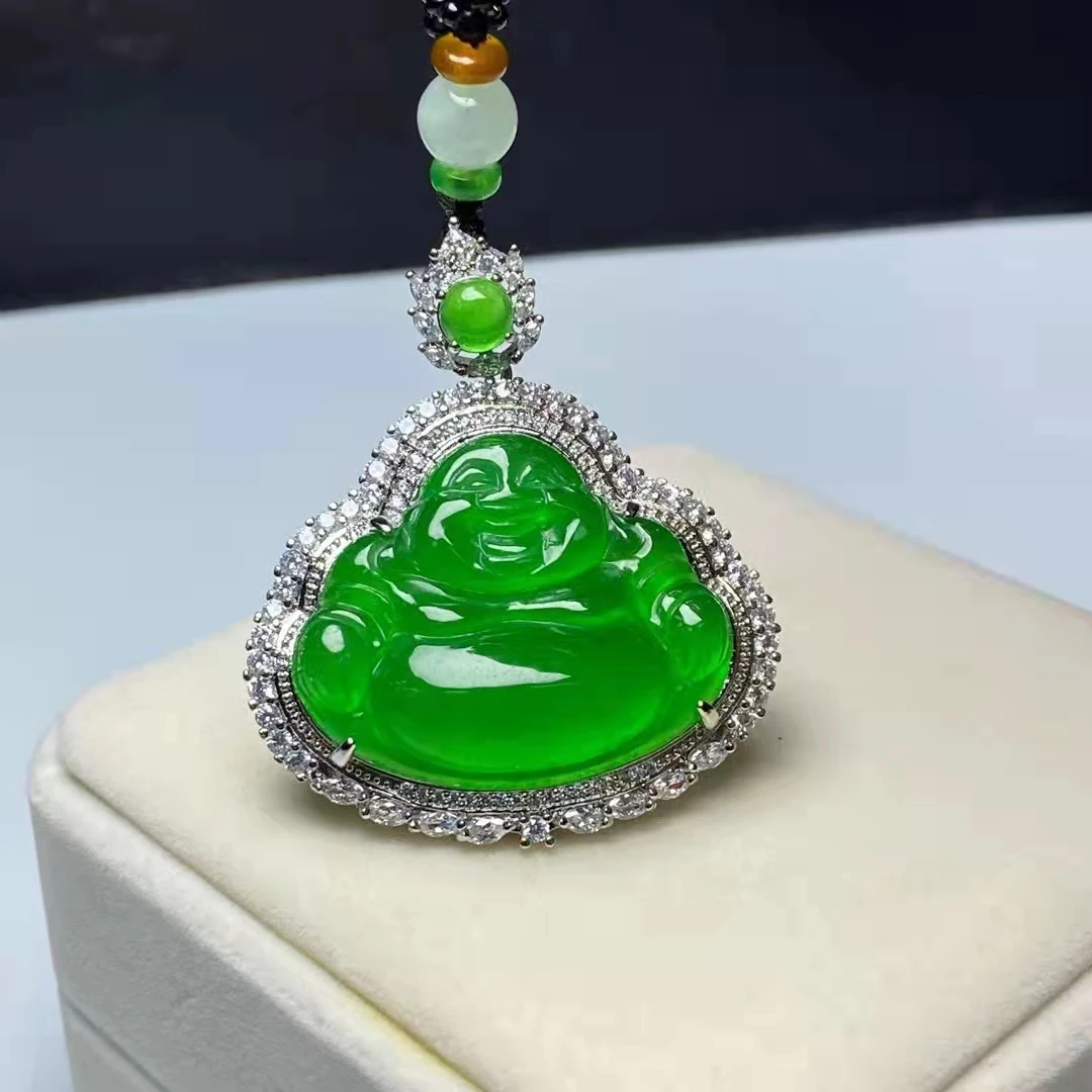 

Class a natural Myanmar Jadeite high ice Emerald Buddha Pendant, hand inlaid 925 silver Real jade pendant, Best gift for lover