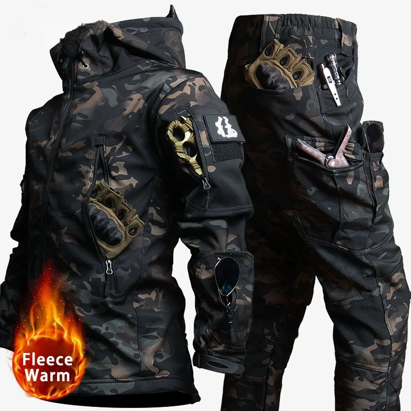 

Tactical Waterproof Men Camo Set Soft Shell Fleece Winter Combat Suit Windbreak Warm Multi Pocket Outdoors Training Uniform