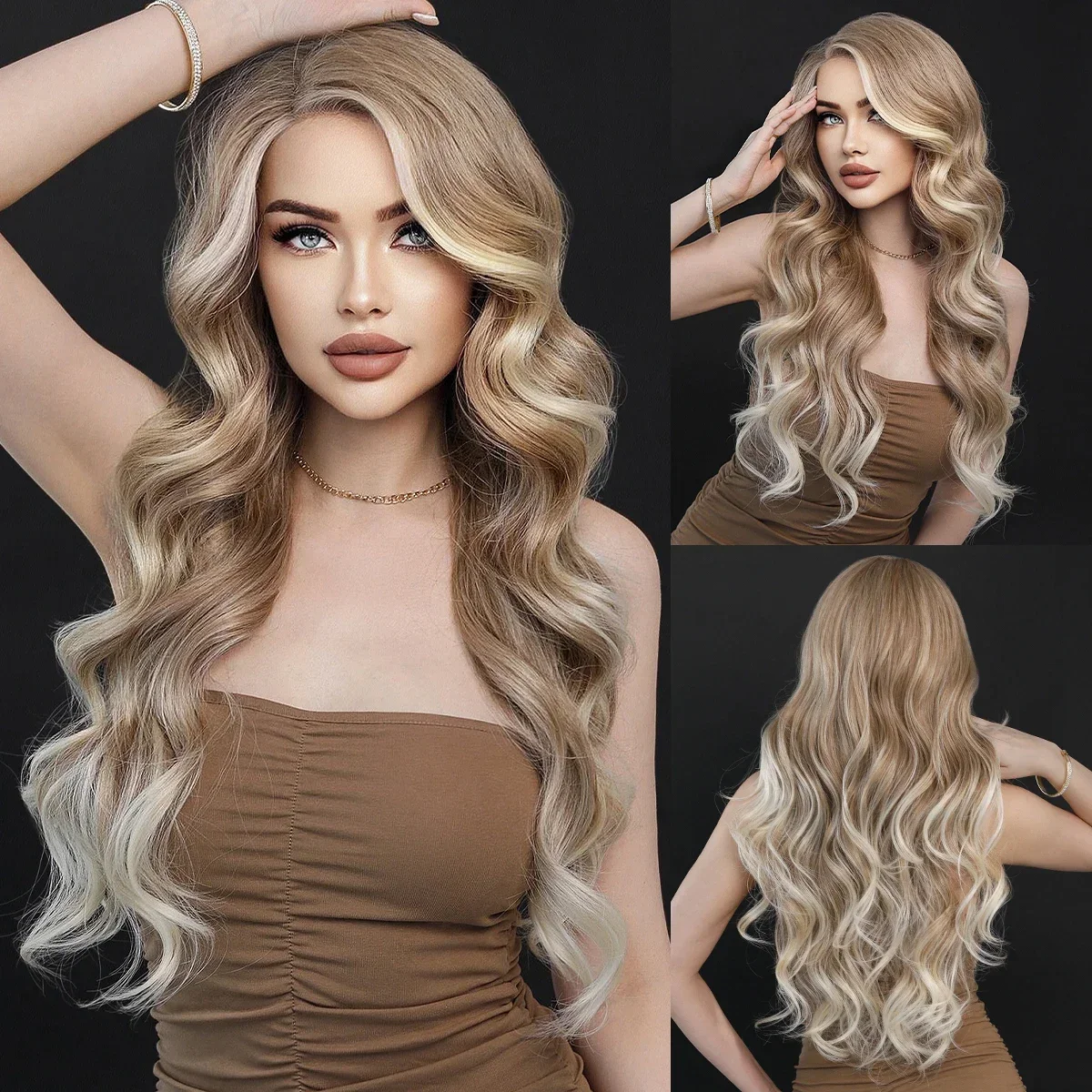 

NAMM Long Wavy Light Brown Gradient Beige Lace Wig for Women Daily Cosplay Use Nathural Synthetic Side Part Bangs Wig