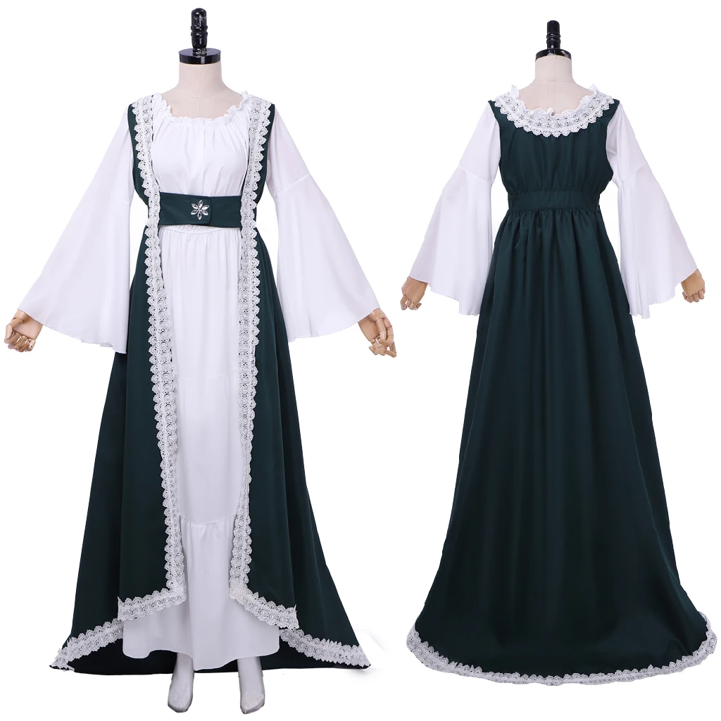 

Regency Era Costume Women Green Embroidered Open Robe Dress Suit Medieval Victorian Bridgerton Jane Austen Tea Party Ball Gown