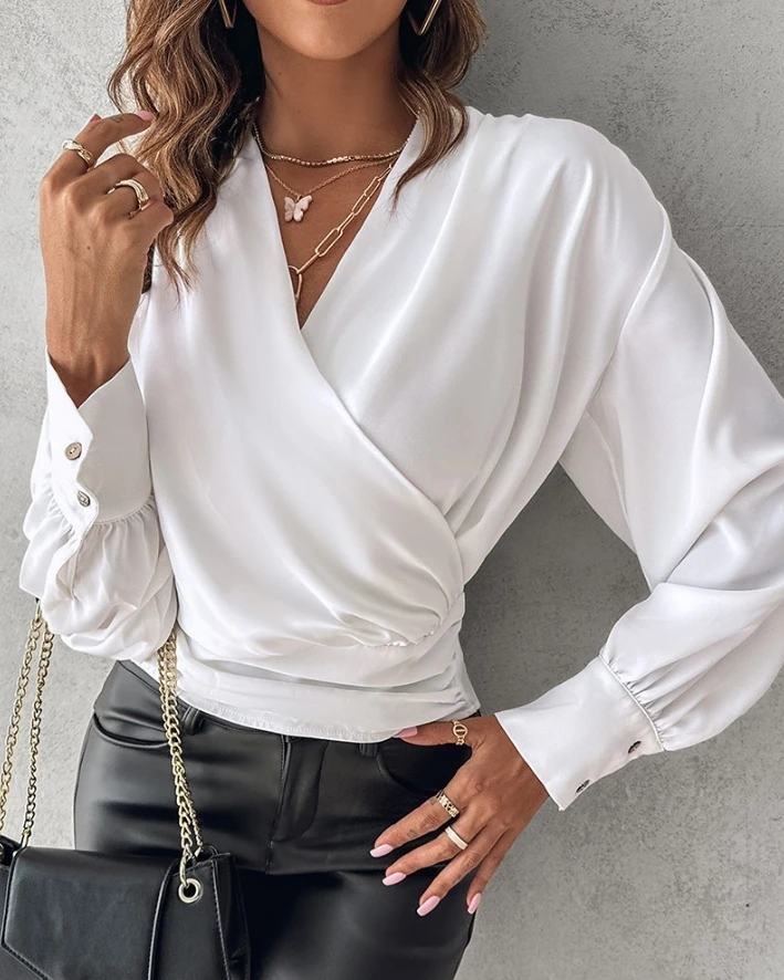 

Office Blouse for Women 2024 Lantern Sleeve Fashion Blouse Spring Elegant V-Neck Loose Shirt Pullover Tees Ruched Wrap Top