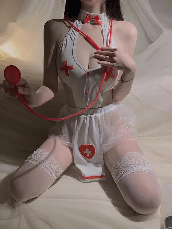 

Sexy Hollow Out Temptation Transparent Mature Charm Gentle Bag Buttocks Short Pure Desire Nurse Role-playing Uniform Dress IEN2