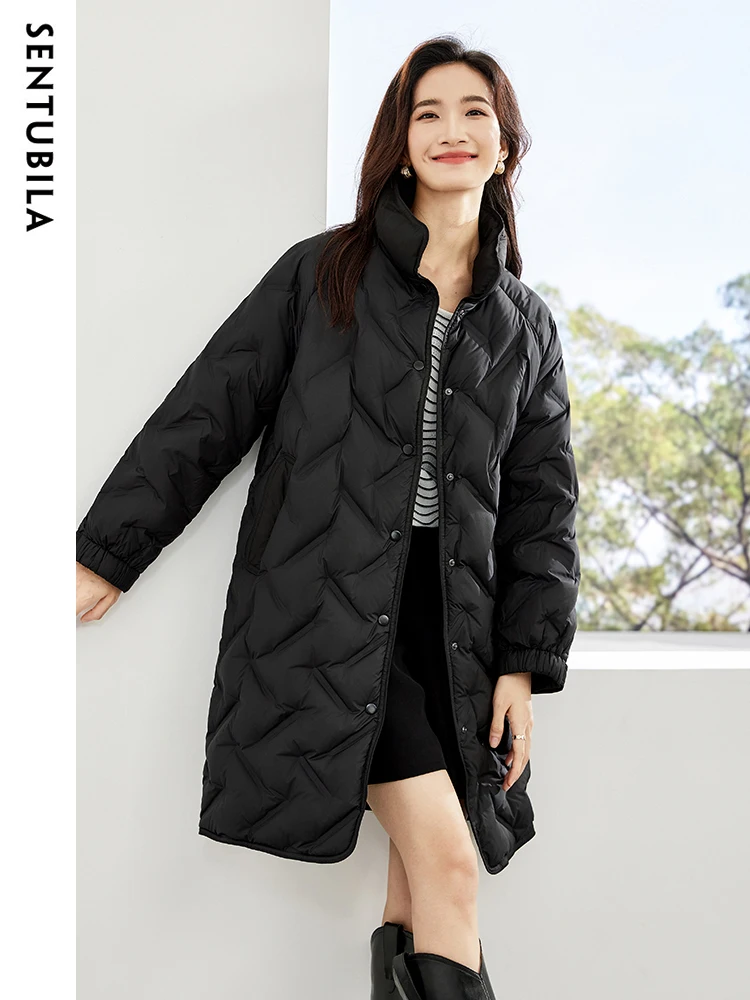 

SENTUBILA Classic Mid-Length Down Jacket Women Winter 90 White Duck Down Coats 2023 Stand Collar Warm Puffer Jackets W34Y49562