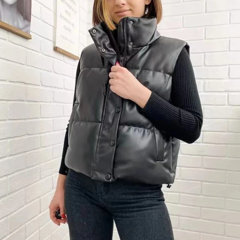 

2023 Autumn Winter Pu Leather Vest Women Jacket Coat Outwear Puffer Vest Female Sleeveless Jacket Women Puffy Solid Down Vest