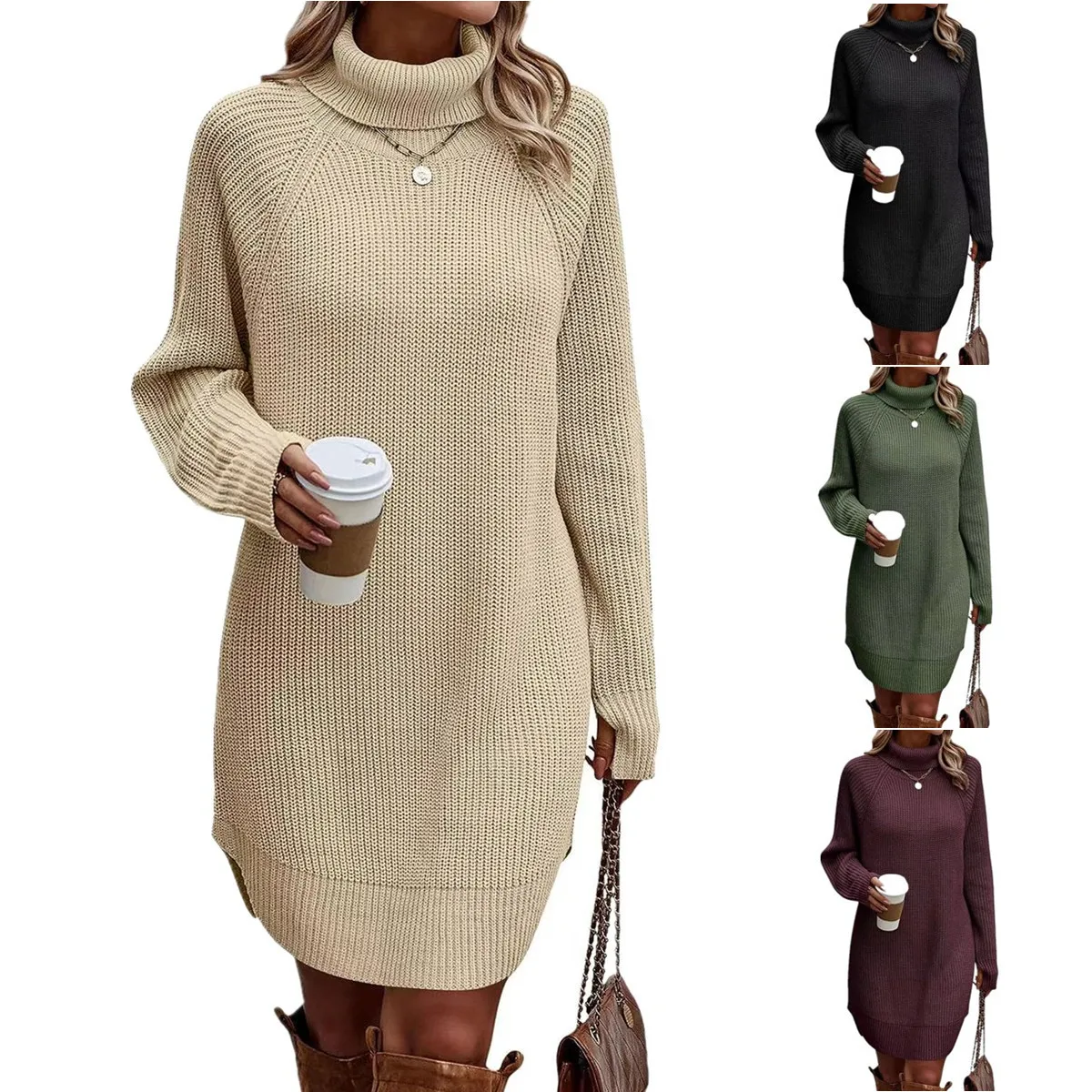 

Autumn and Winter Dresses for Women New Solid Color Fashion Pullover Turtleneck Sweater Knit Skirt