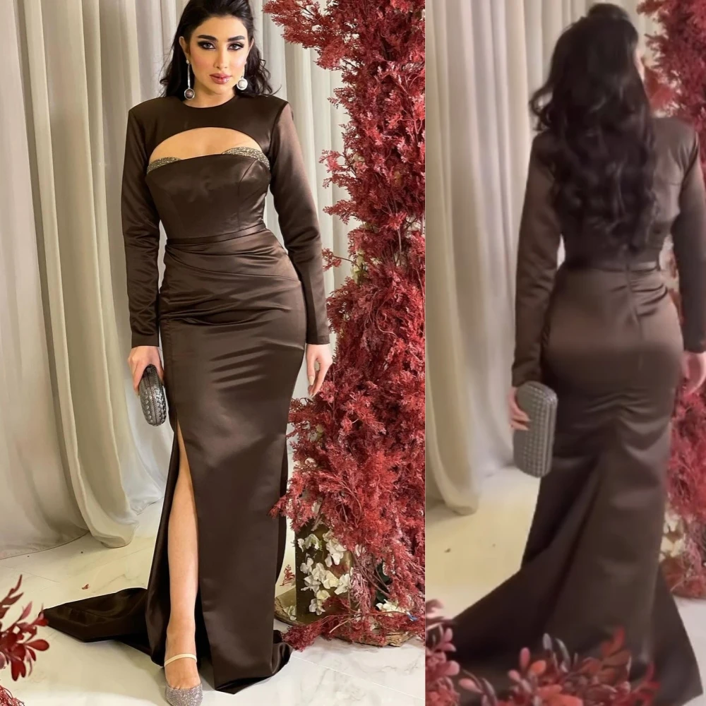 

Prom Dress Evening Satin Pleat Cocktail Party Sheath Scoop Neck Bespoke Occasion Gown Long Dresses Saudi Arabia