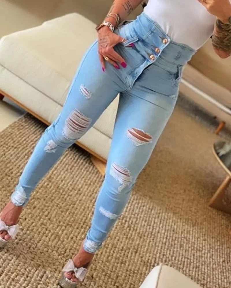 

Women's Jeans 2024 Spring New Korean Fashion High Waist Buttoned Cutout Ripped Casual Pocket Design Daily Long Jeans Y2k Pants