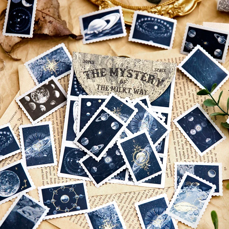 

30Pcs Sticker Star River Mystery Moon Vintage handbook Material Base Collage Decoration Scrapbook Stationery 110*95mm