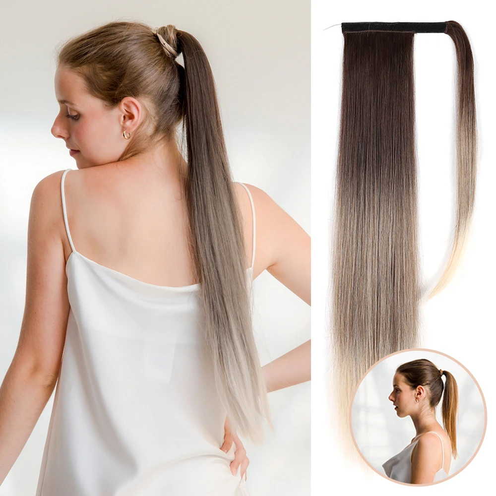 

Synthetic Ponytail Hair Extensions Long Straight Wrap Around Clip In Pony Tail Fake Hair Black Blonde Ombre Hairpieces for Women