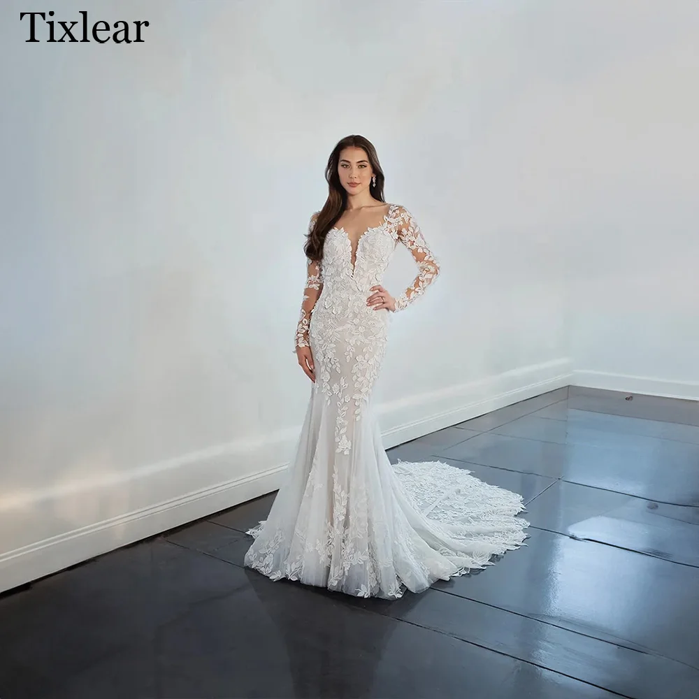 

Женское свадебное платье с юбкой-годе TIXLEAR, очаровательное Тюлевое платье с V-образным вырезом, аппликацией и открытой спиной, со шлейфом