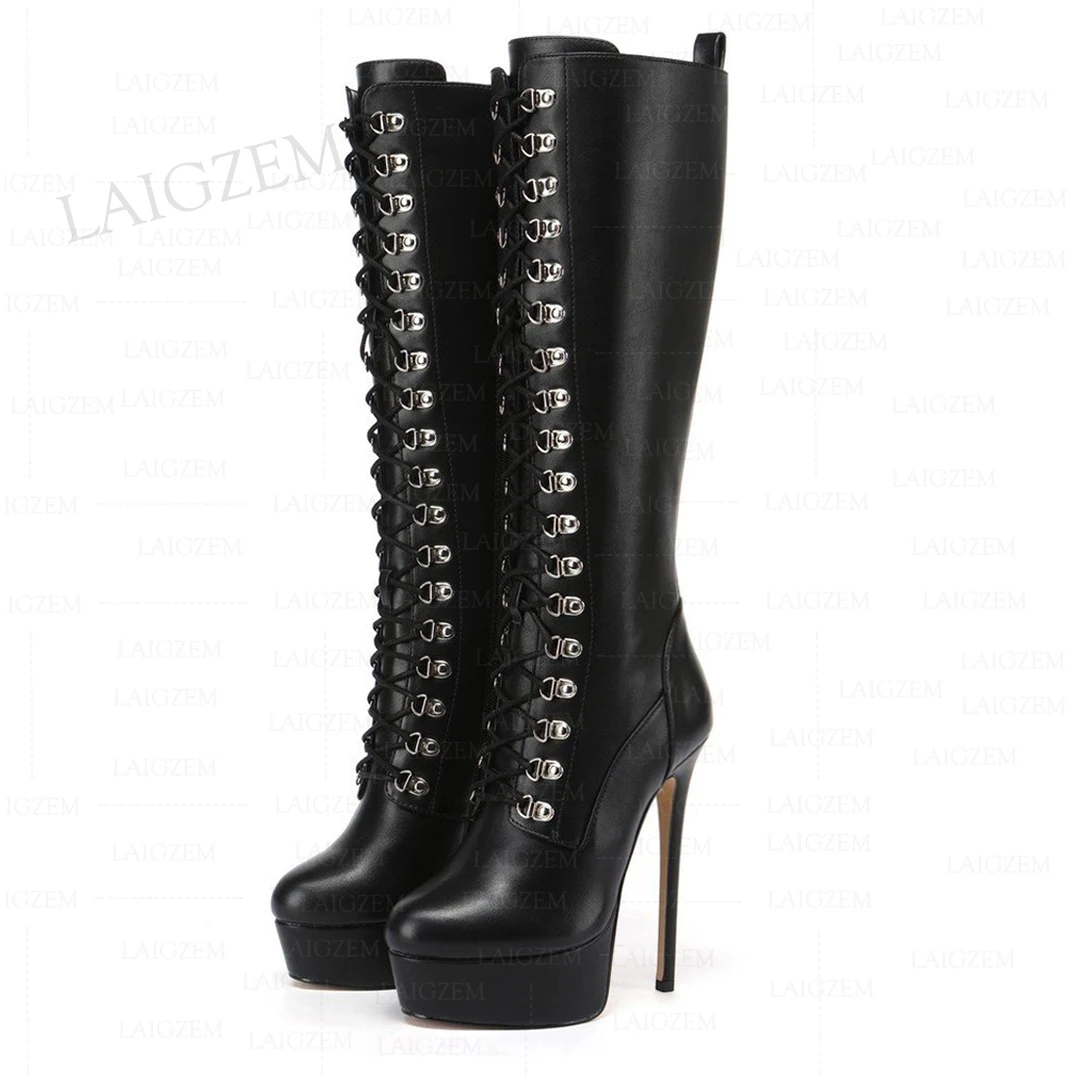 

SEIIHEM Women Knee High Boots Platform Full Zip Up Thin High Heels Tall Boots Ladies Shoes Woman Botas Large Size 39 44 45 52
