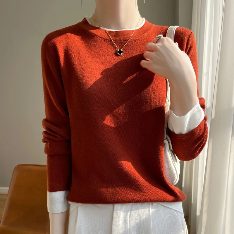 

Women's Sweater Spring/Autumn Wool Sweater Casual Splicing Knitwear Round Neck Tops Loose Blouse Fashion Fake Two-piece Pullove