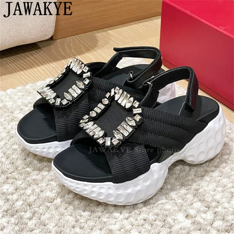 

New Thick Soled Platform Rome Sandals Women Square Crystal Button Designer Flats Sandals Summer Casual Beach Sandals Ladies