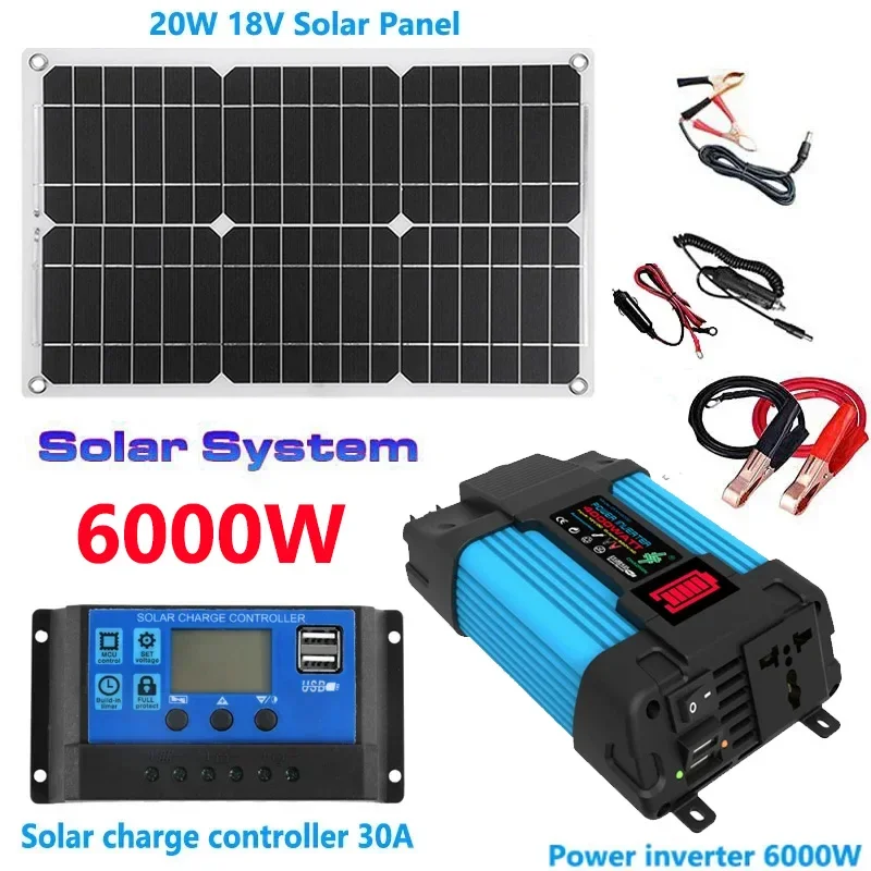 

12V to 110V/220V Solar Power System 20W Solar Panel+30A Charge Controller+6000W Modified Sine Wave Inverter Power Generation Kit