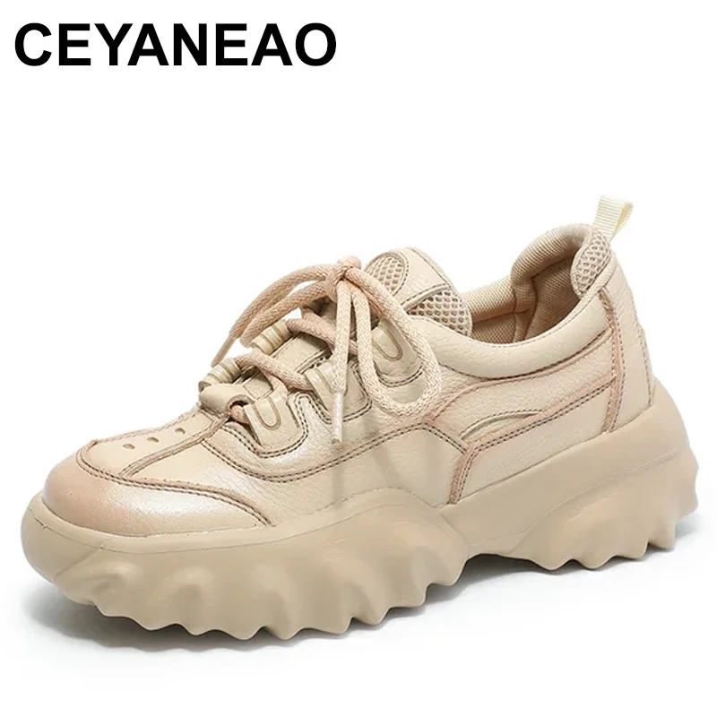 

5cm Spring Genuine Leather Autumn Ladies Chunky Sneakers Shoes Women Platform Wedge Comfy Skate Loafer Boarding Vulcanize