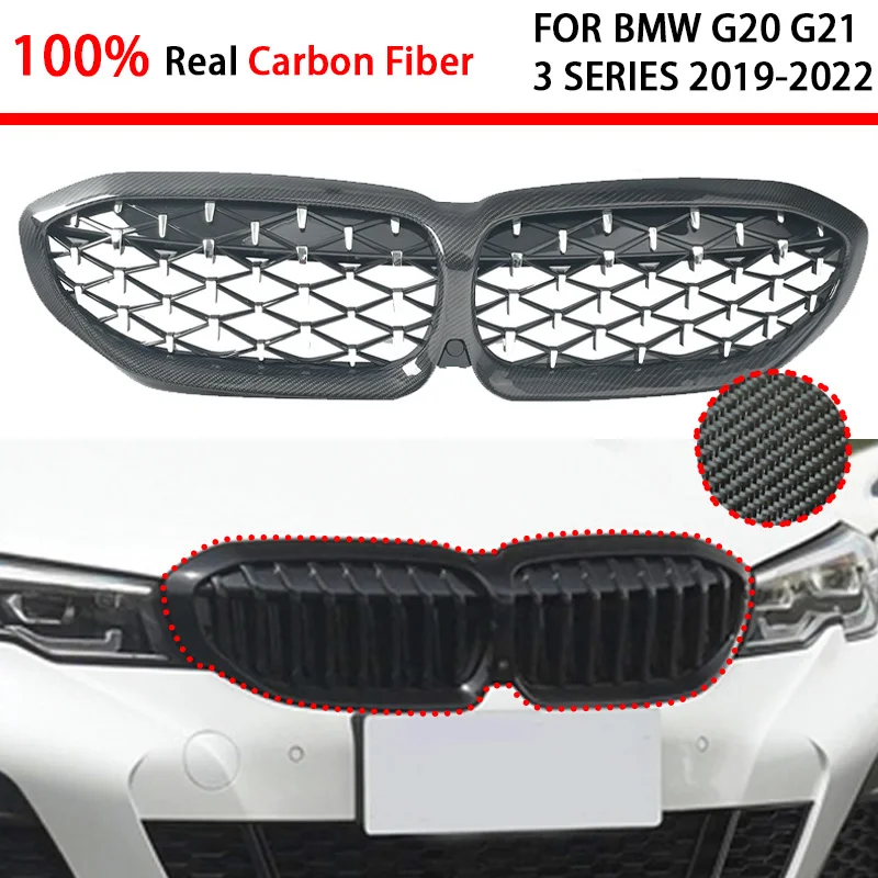 

Customized ront Bumper Hood Kidney Grille Real Carbon Fiber Dual Line Sport Racing Grill for BMW 3 Series G20 Sedan G21