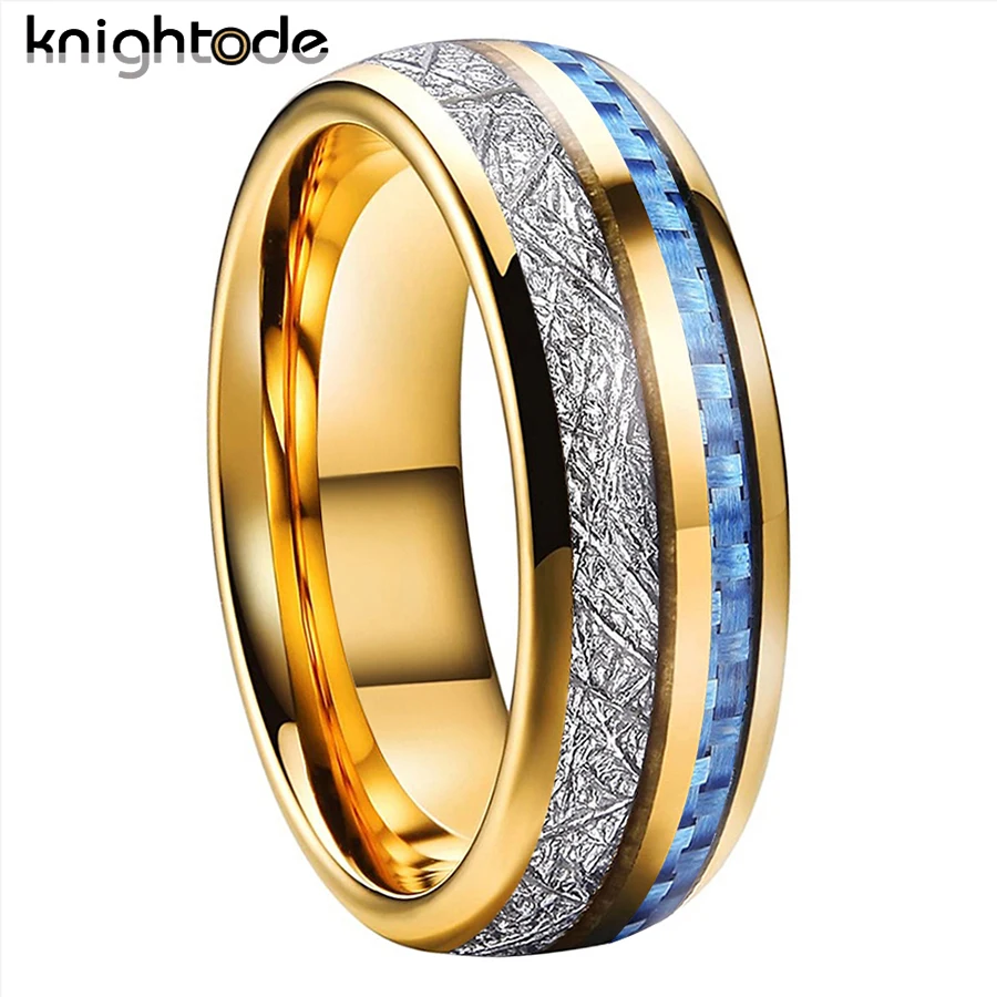 

8mm Real Tungsten Carbide Rings White Meteorite/Blue Carbon Fiber Inlay For Men Women Wedding Band Dome Polished Comfort Fit