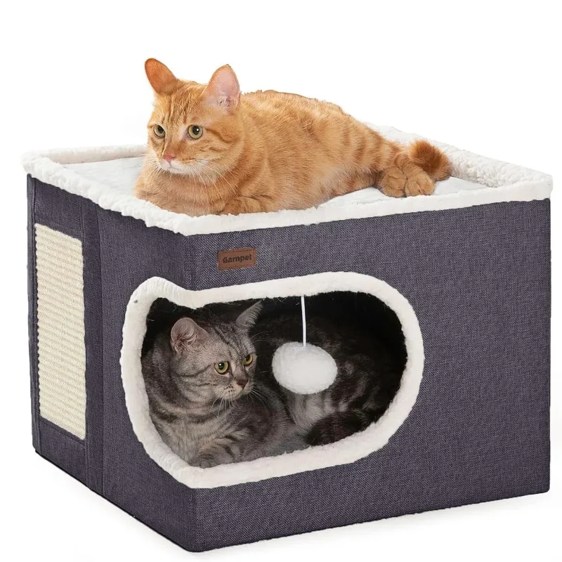 

Cat Bed for Indoor Cats Cube House, Covered Cat Cave Beds & Furniture with Scratch Pad and Hideaway Tent