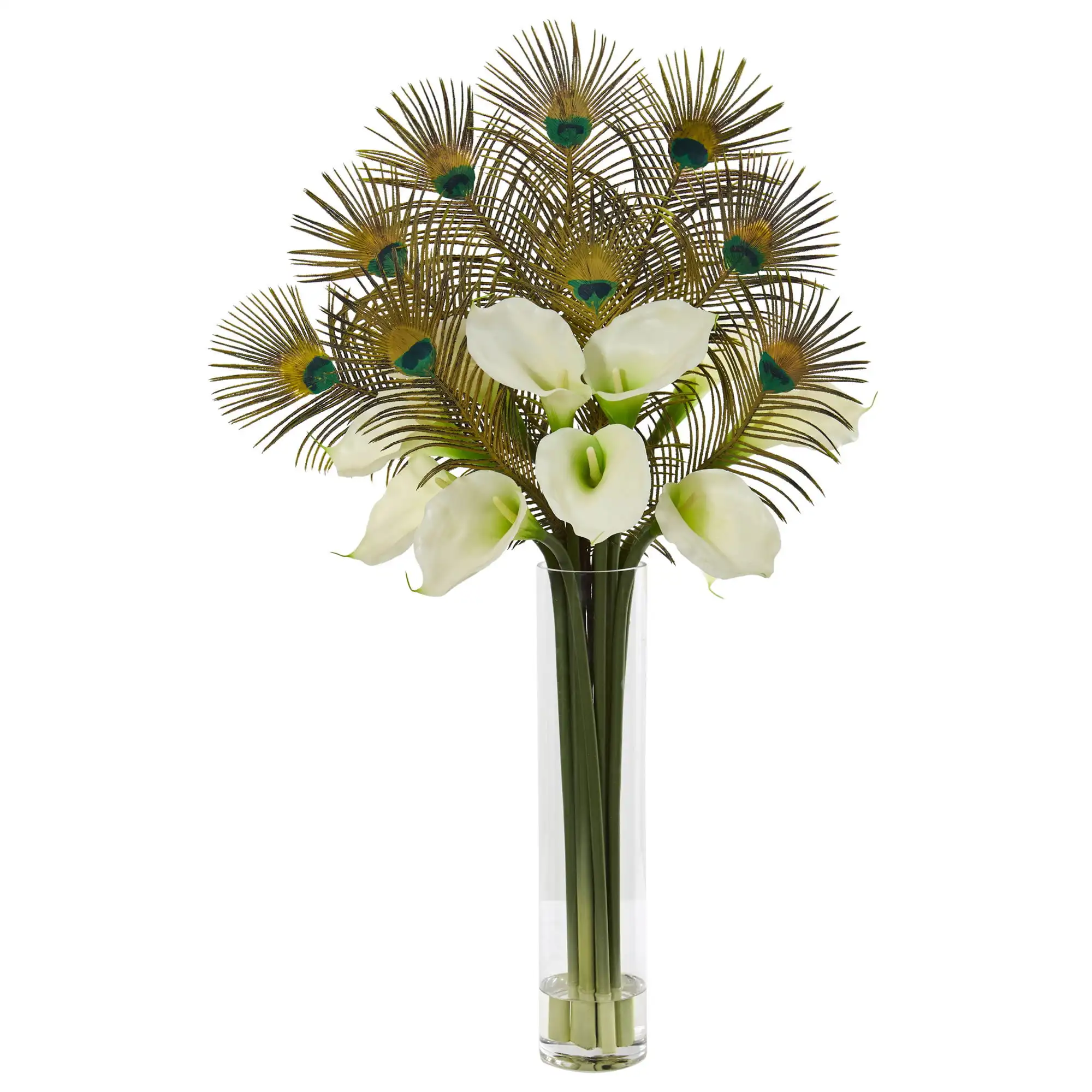 36in. Peacock and Calla Lily Artificial Flower Arrangement in Cylinder Glass, Cream
36in. Peacock and Calla Lily Artificial Flower Arrangement in Cylinder Glass, Cream
