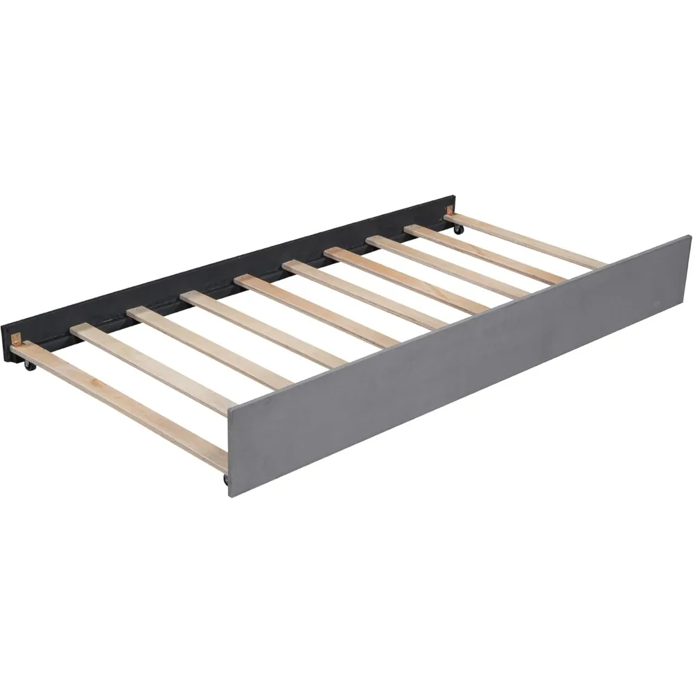 Twin Size Velvet Upholstered Daybed with Ergonomic Design Backrest and Trundle,Wood Platform Bed w/Stripe Shaped Headboard,for B Twin Size Velvet Upholstered Daybed with Ergonomic Design Backrest and Trundle,Wood Platform Bed w/Stripe Shaped Headboard,for B