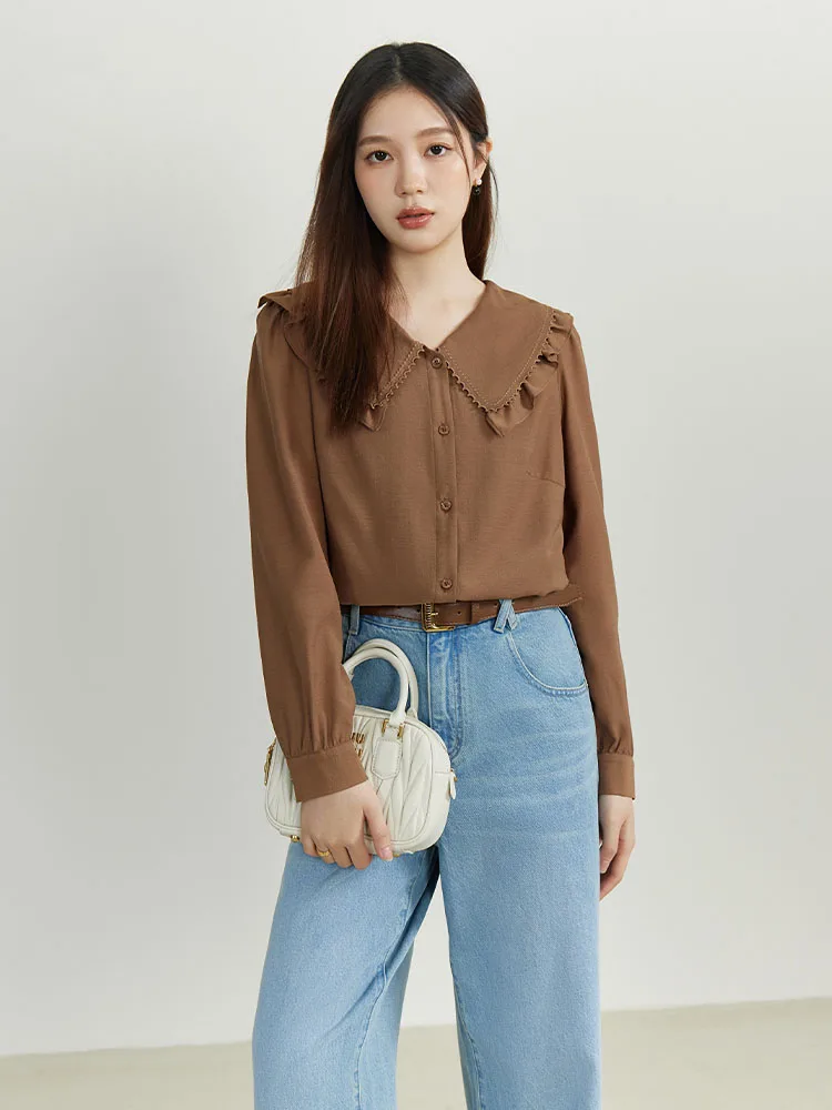 

DUSHU 【3 Colors】Women Peter Pan Collar Puff Sleeve Brown Long Sleeve Blouses 2024 Spring New 42.2% Acetate Beige Shirt 24DS81188