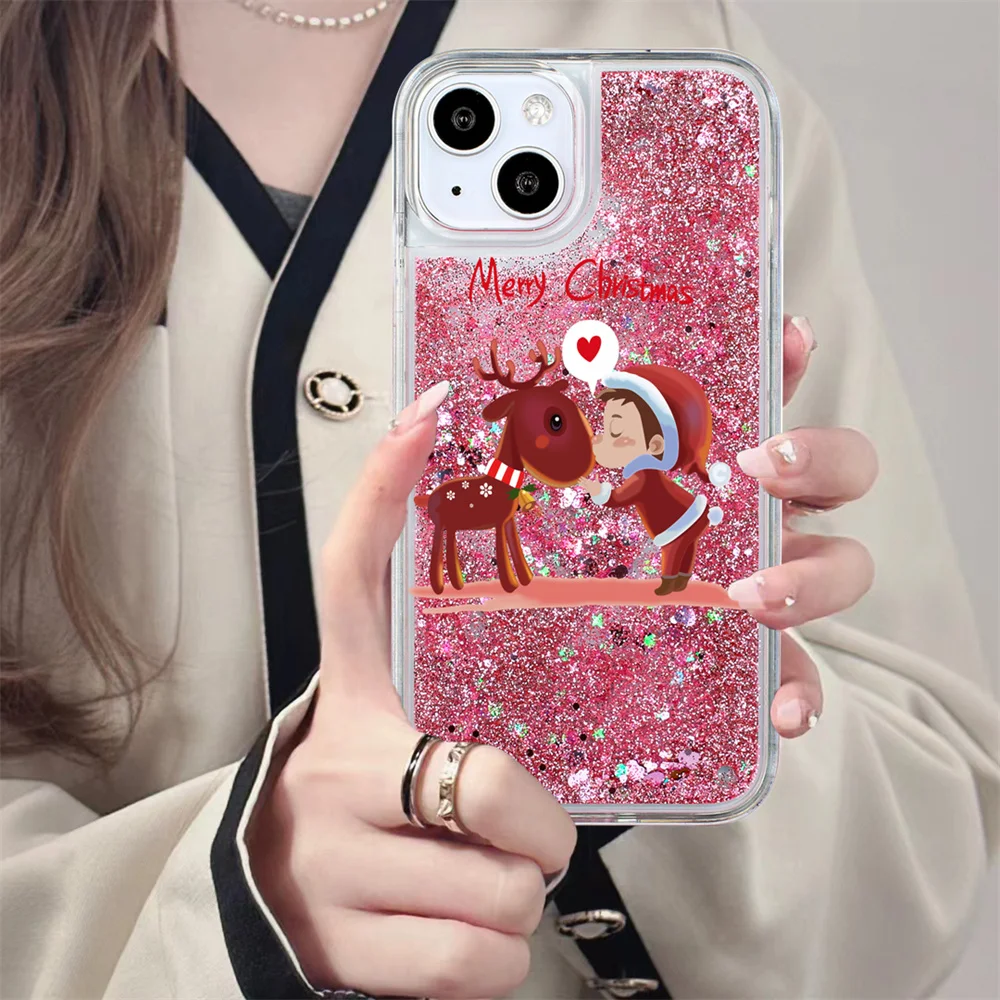 

Christmas Cartoon Elk New Year Gift Silicon Phone Case For iPhone 15 14 13 12 11 Pro X XR Max XS 8 7Plus Dynamic Quicksand Cover