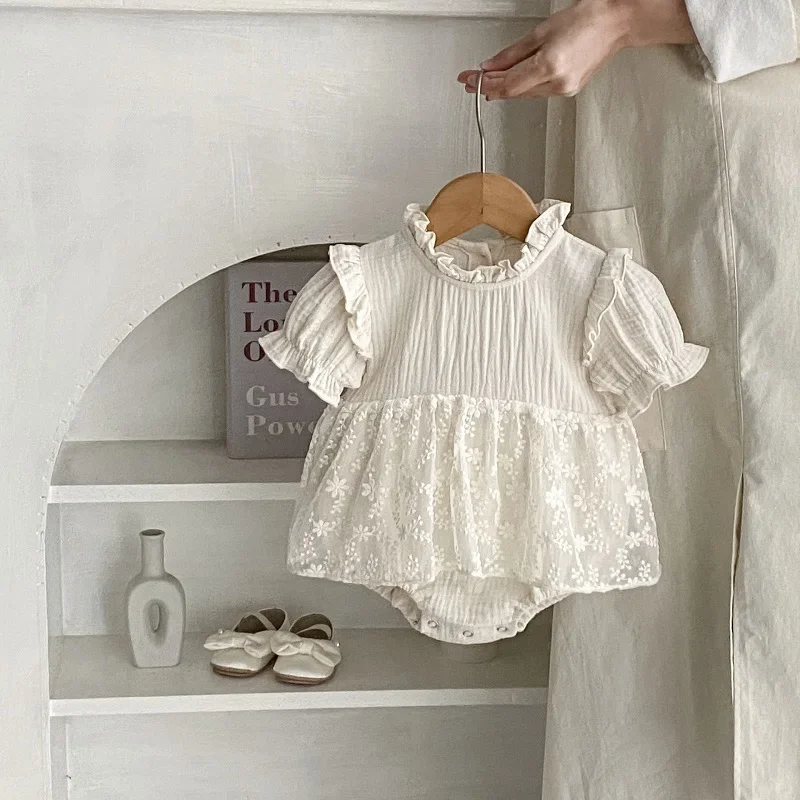 

Летнее платье для маленьких девочек, комбинезон для 0-2 лет, милое Кружевное боди с коротким рукавом для новорожденных принцесс, хлопковый Цельный Наряд, одежда