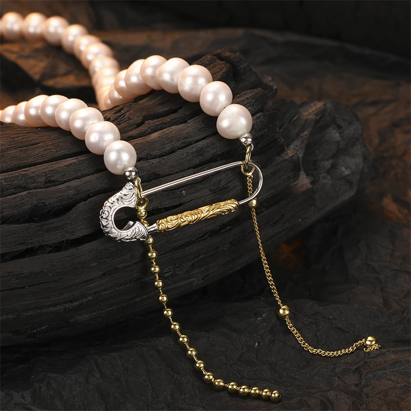 

925 Sterling Silver Tangcao Textured Pin Necklace Natural Freshwater Pearl Choker Necklace for Women Vintage Original Jewelry