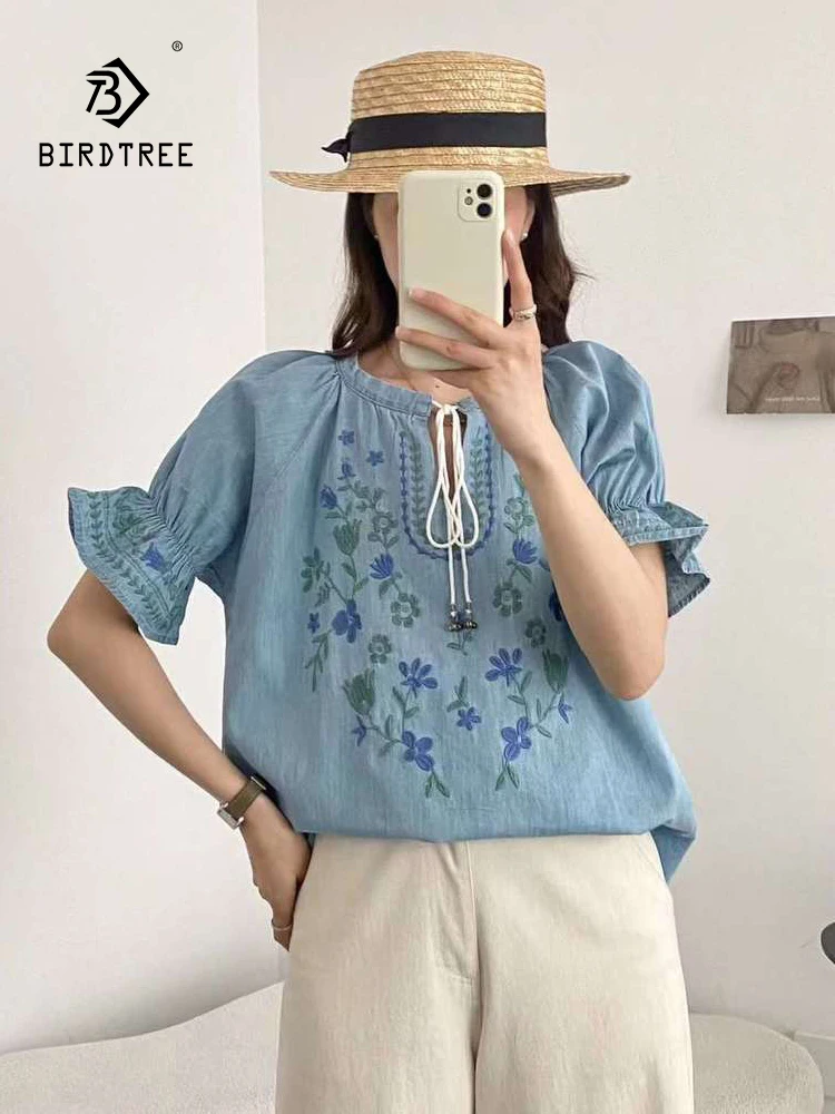 

New Spring Cotton Denim Embroidery Shirt Women O Neck Short Sleeve Loose Top Girl Literature Commute Blouse 2024 Autumn T44503QC