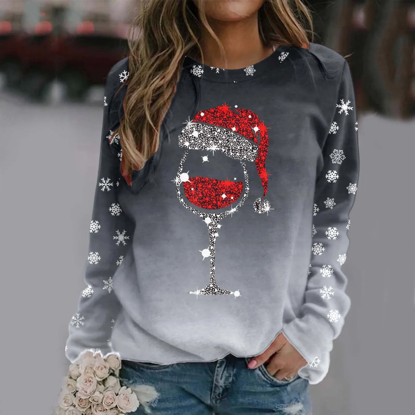 

Christmas Sweatshirt Long Sleeve Round Neck Fit Pullover Tops Holiday Xmas Snowflake Wine Glass Print Sweatshirt New Year 2024