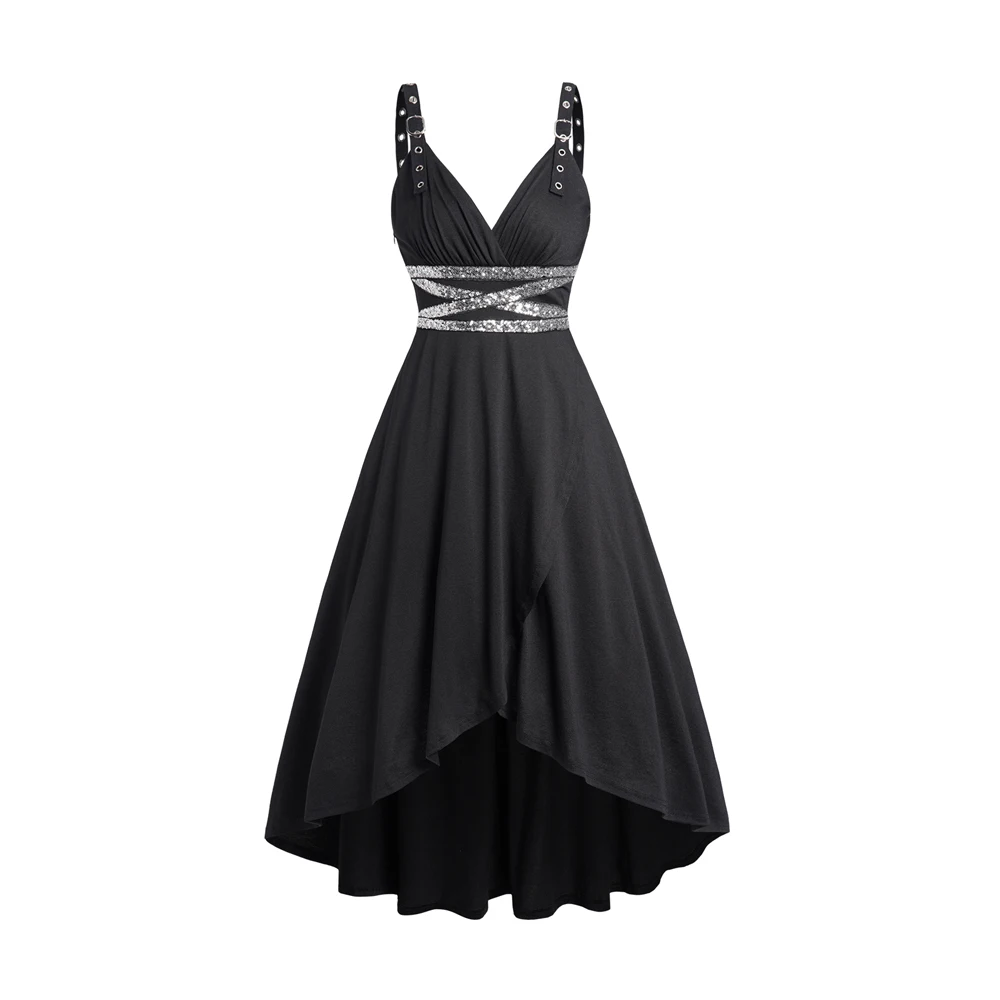 

S-2XL Black Color A Line Women High Low Midi Dress Dip Hem Sequins Buckle Strap Grommet Adjustable Strap Sleeveless Robe