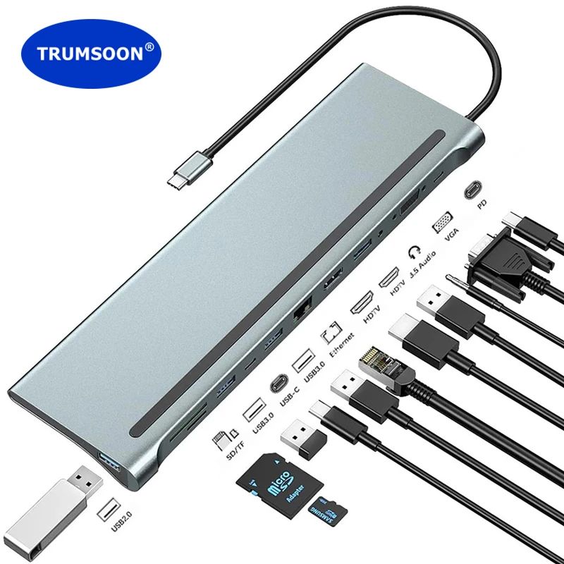 

Trumsoon USB C Hub to Ethernet RJ45 4K HDMI-Compatible VGA SD TF USB 3.0 2.0 Type C PD Charge for MacBook Samsung S10 Dex HDTV