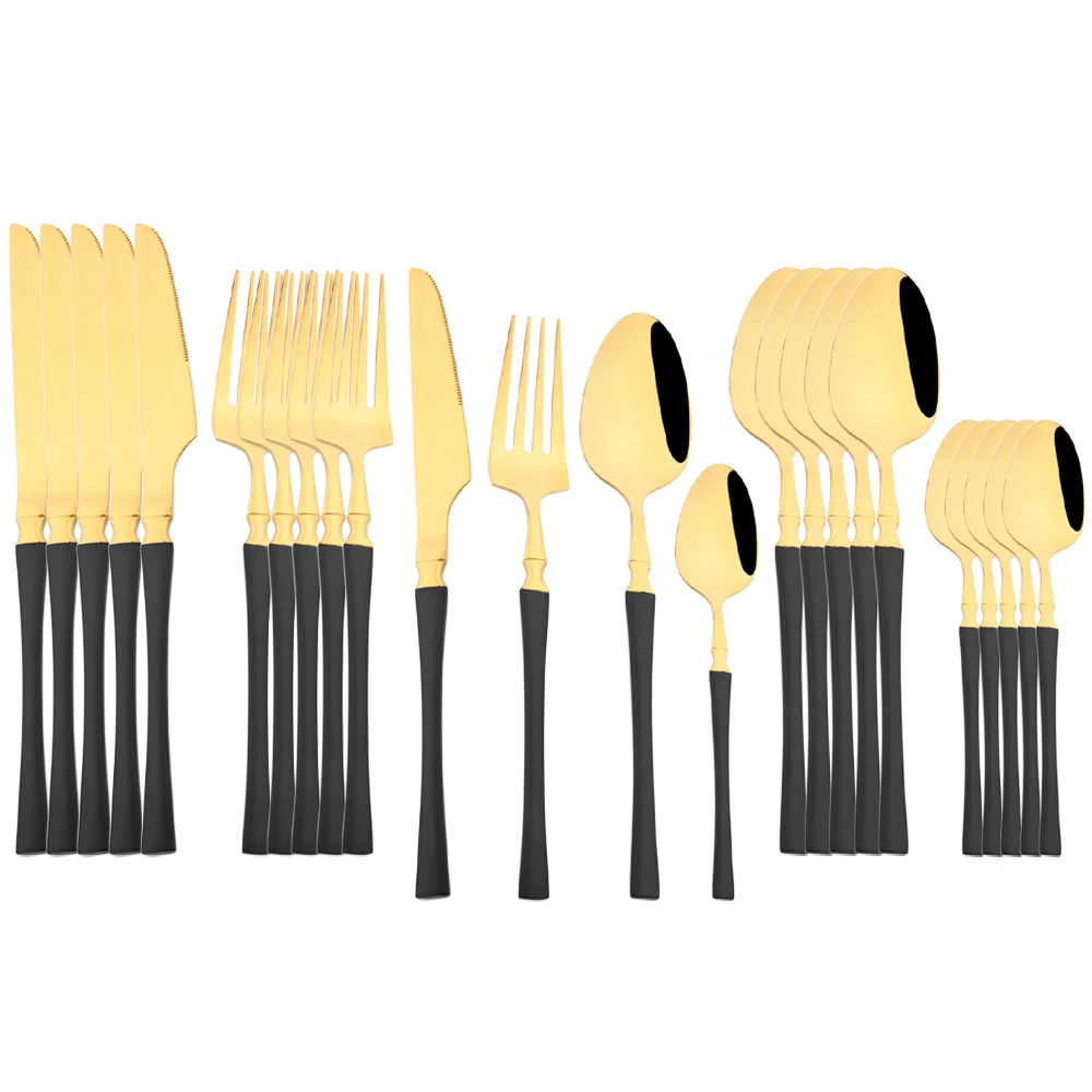 

24Pcs Steak Knife Fork Tea Spoons Cutlery Set Black Gold Dinnerware Set High Quality Stainless Steel Flatware Kitchen Tableware