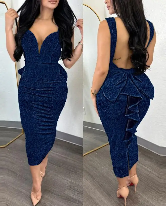 

Women's Dress Sexy Glitter Plunge Ruffle Hem Backless Casual Clothing Female Fashion Mid-Calf Skinny Party Evening Dresses