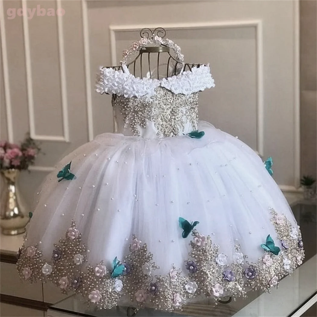 

Lace Flower Girl Dress Baby Girls Dresses Off Shoulder Pearls Lace Butterflies Flower Girl Dress Infant First Birthday Party Go