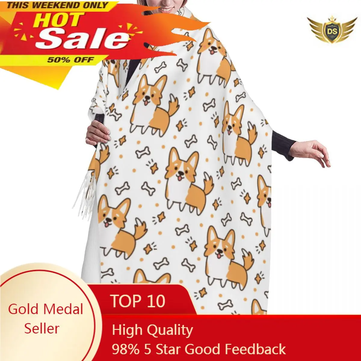 

Tassel Scarf Large Pashmina Winter Warm Shawl Wrap Bufanda Cute Dog Breed Welsh Corgi With Hearts Stars Bones Cashmere Scarves