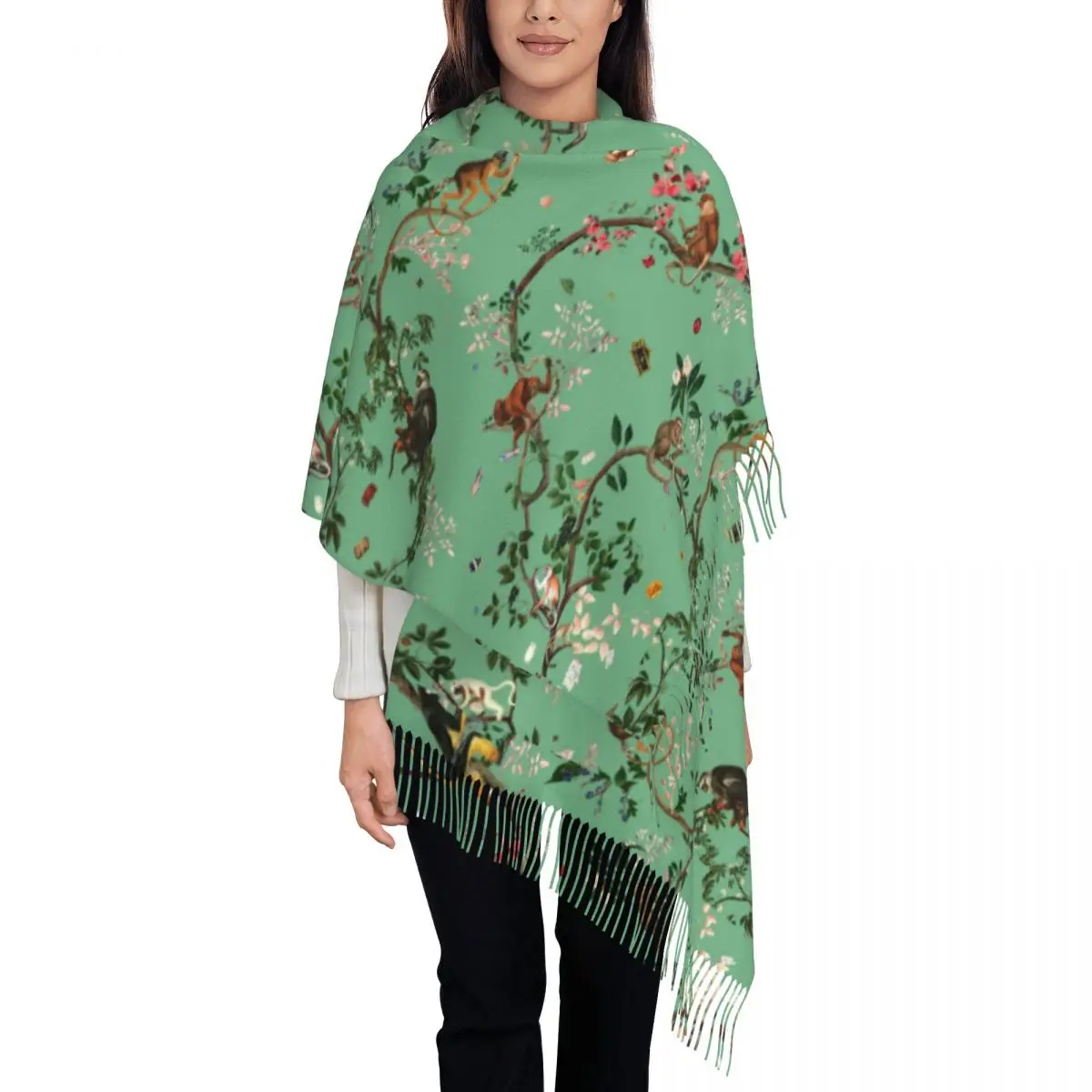 

Шарф в виде обезьяны, зеленый шарф с длинной кисточкой, теплые шали в китайском стиле с животными, мужские и женские шарфы, осенние шарфы y2k Bufanda Mujer