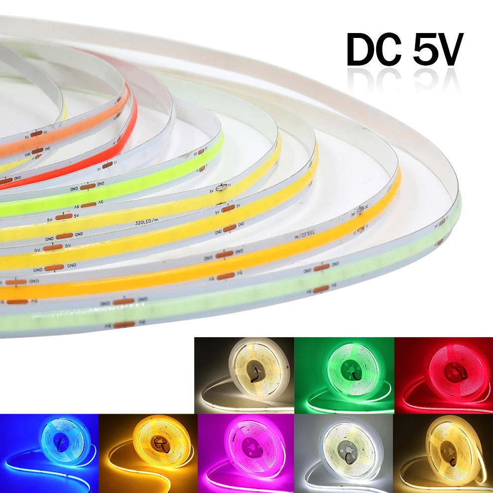 

DC 5V COB LED Strip TV Backlight 320Leds/M High Density Flexible LED Tape Rope Lights White/Warm/Natural White/Red/Green/Blue