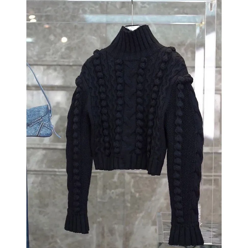 

Autumn Winter Twist 3D Sweater Women Luxury Runway Brand Black Turtleneck Wool Knitted Pullover High Quality Short Jumper H664